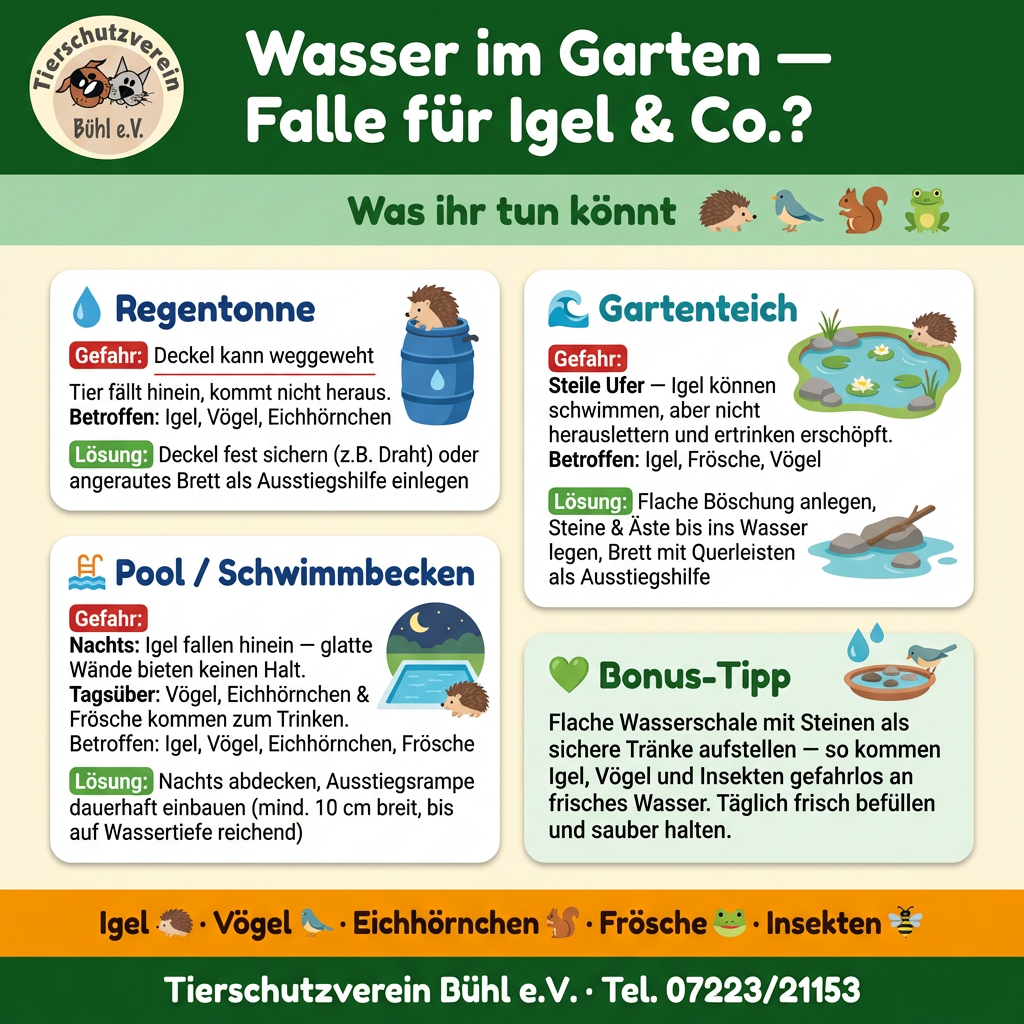 Wasser im Garten — Falle für Igel & Co.?